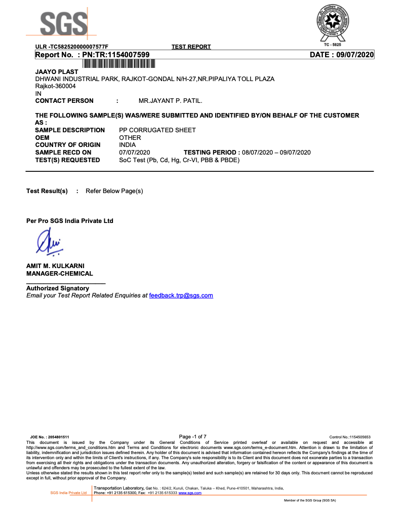 First page of the SGS test report for PP corrugated sheet