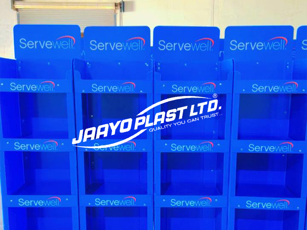 Row of blue printed PP floor display stands