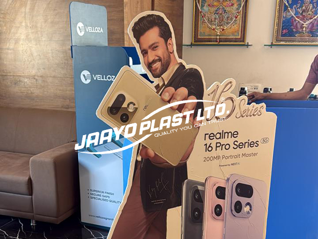 Printed cut-out standee for a smartphone launch in a showroom