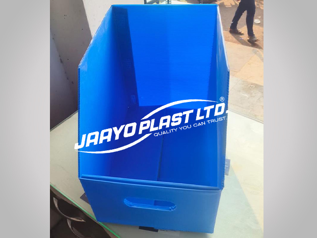 Blue PP storage bin with an open front and hand-hold cut-out