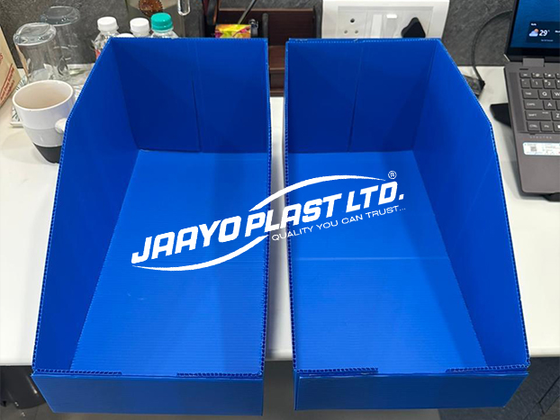 Two blue open-front PP corrugated storage bins