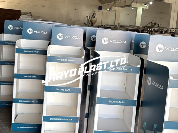 Printed white and grey PP floor display stands with shelves