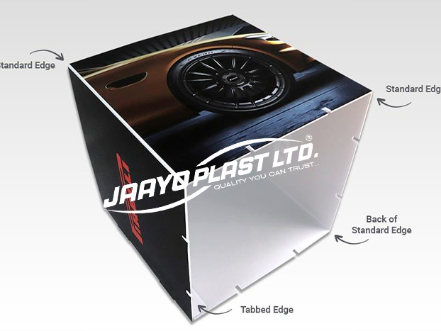 Printed PP display cube with labelled tabbed and standard edges