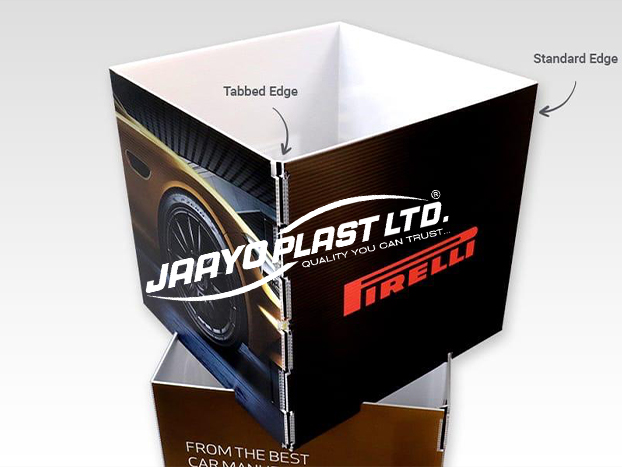 Printed PP display cube showing the tabbed edge joint