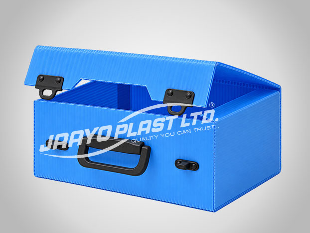 Blue PP case with hinged lid, latches and handle