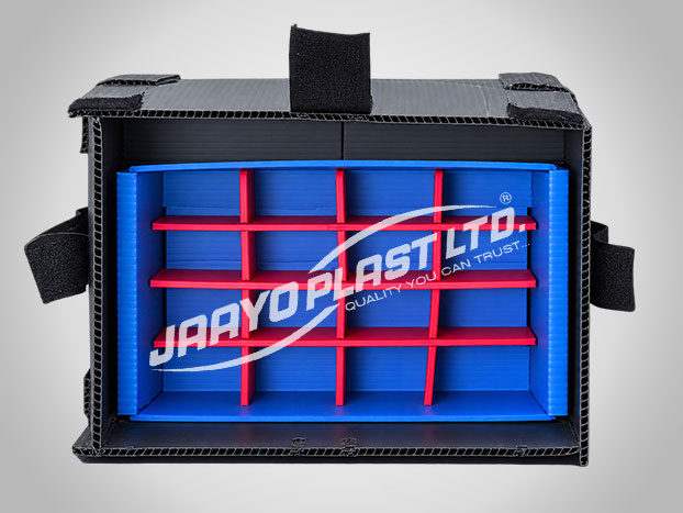 Black PP box with blue insert and red partitions