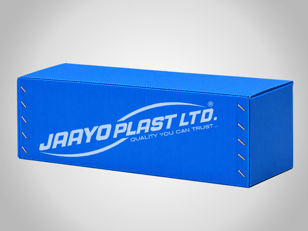 Long blue PP box with stapled corners